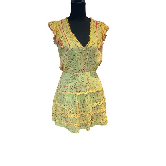 Poupette St Barth Mini Yellow Floral Sun Summer Dress XS V-neck Ruffle - Picture 1 of 13